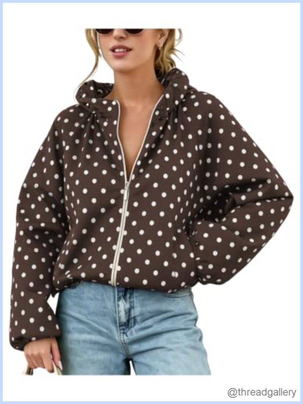 Womens Polka Dot Zip Up Cropped Bomber Jacket